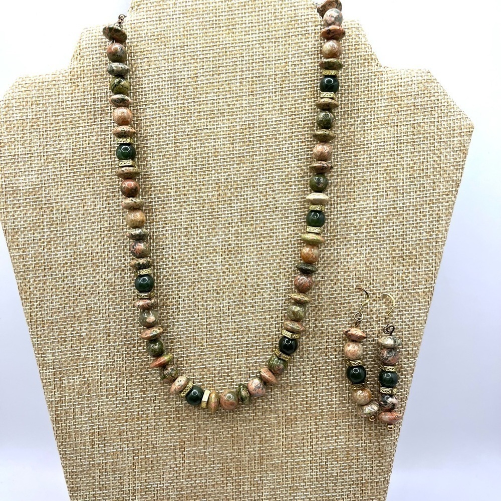 Unakite Green and Pink Natural Stone Necklace and Earrings Set